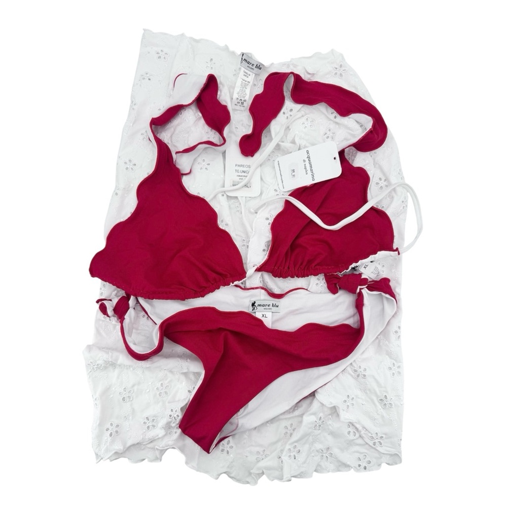 Mare Blu New Bikini Red Set Paired with a White eyelet Cover-up.